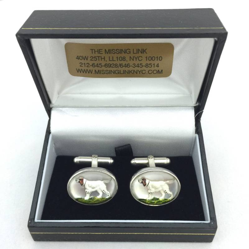 Vintage Reverse Geschnitzte Handbemalte Glas Hund Crystal Style Paar Sterling Silber Oval Manschettenknöpfe Mit Box von missinglinknyc
