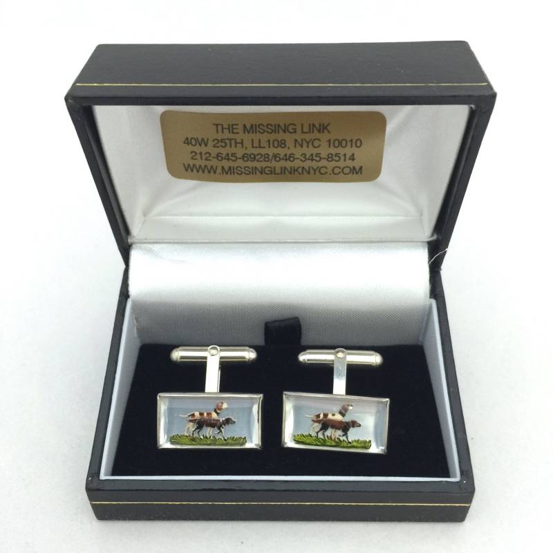 Vintage Reverse Geschnitzte Handbemalte Glas Jagdhunde Crystal Style Sterling Silber Manschettenknöpfe Mit Box von missinglinknyc