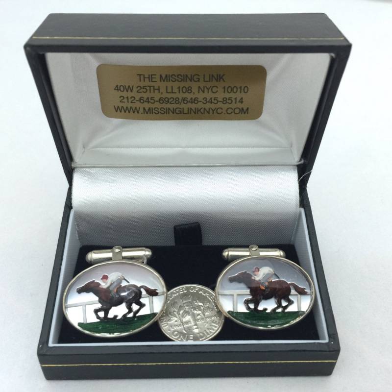 Vintage Reverse Geschnitzte Handbemalte Glas Jockey Crystal Style Sterling Silber Oval Manschettenknöpfe Mit Box von missinglinknyc