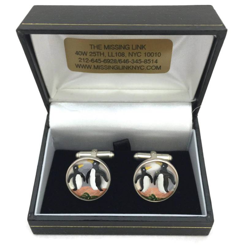 Vintage Reverse Geschnitzte Handbemalte Glas Pinguin Crystal Style Paar Sterling Silber Manschettenknöpfe Mit Box von missinglinknyc