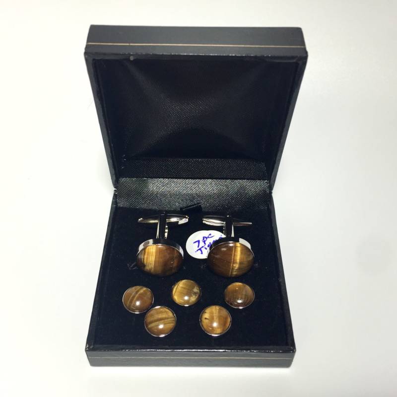 Vintage Tigerauge 5 Ohrstecker Set Und Passende Manschettenknöpfe Mit Box von missinglinknyc