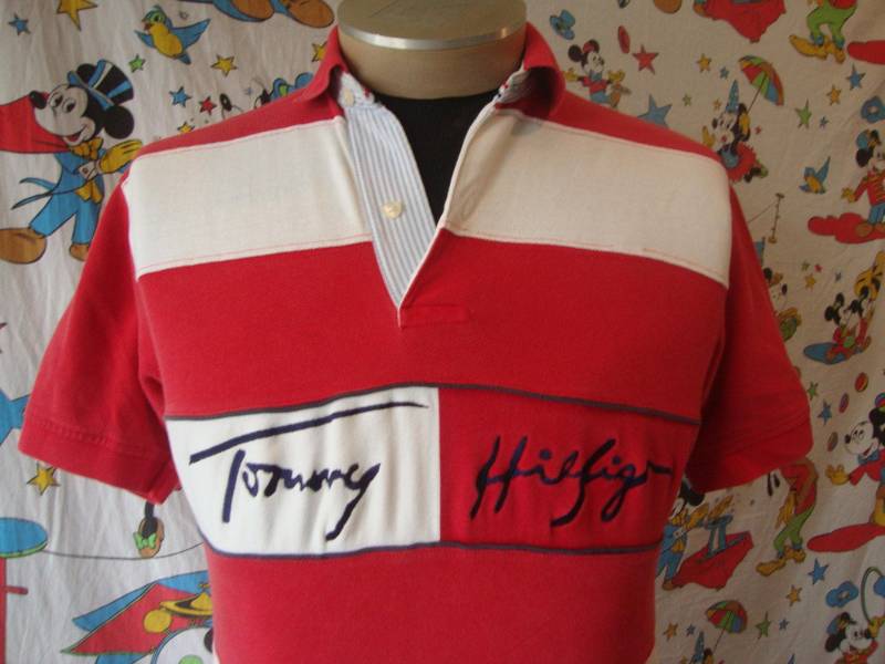 Tommy Hilfiger Vintage 90Er Hip Hop Rap Rot Weiß Farbblock Streifen Polo Kragen Shirt Herren Sz S von missmanda44