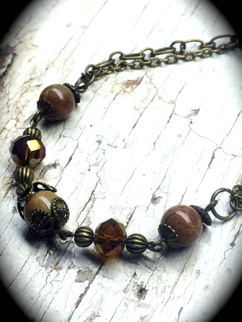 Messing Perlen Armband-Edelstein Armband-Facettierte Topas Glas Perlen-Kette Armband-Brass Schmuck-Messing Kette-Doppel Strang Armband-Erdig von misstiquecollection