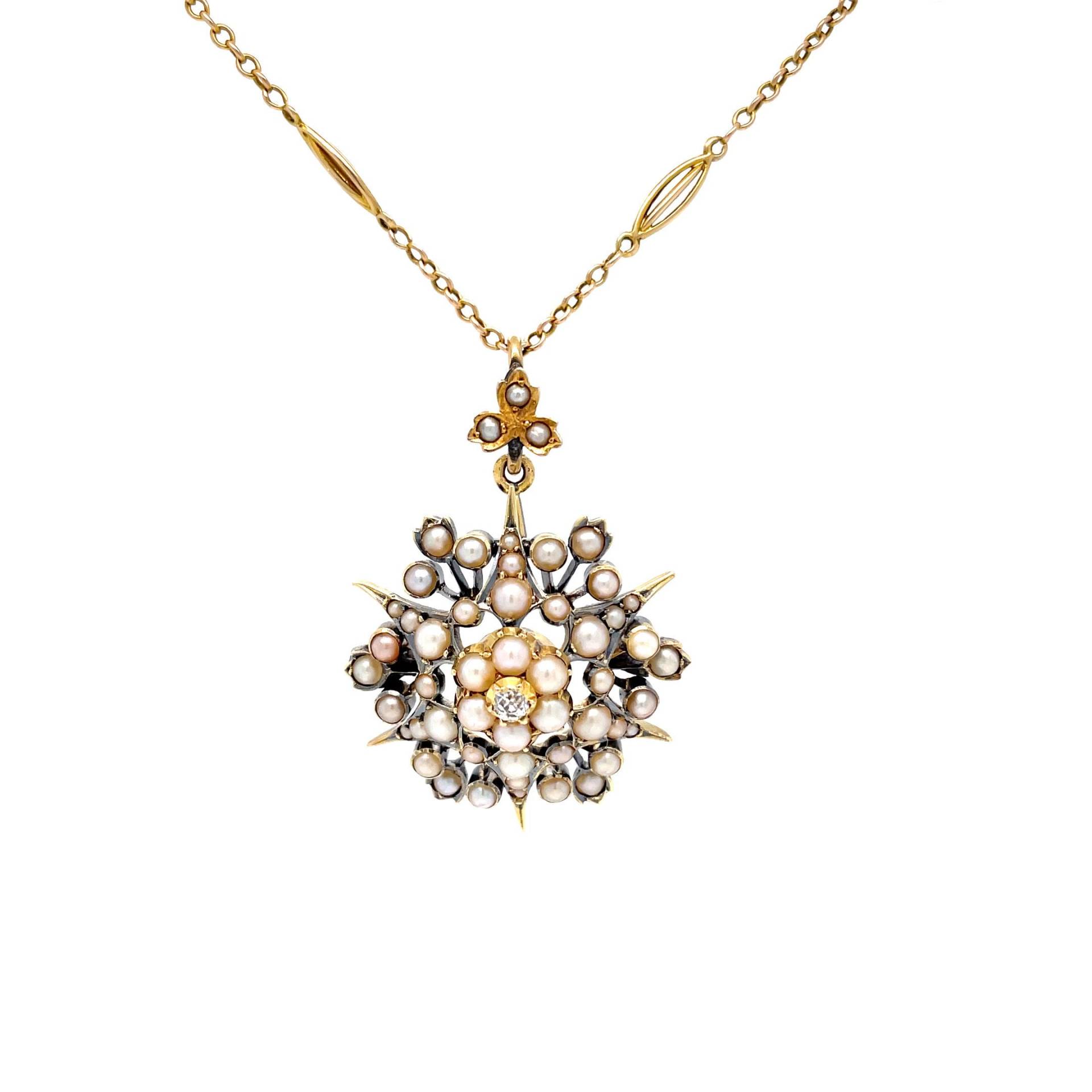 starburst Victorian Gold Diamant Und Natürliche Perle Anhänger von mitaineshop