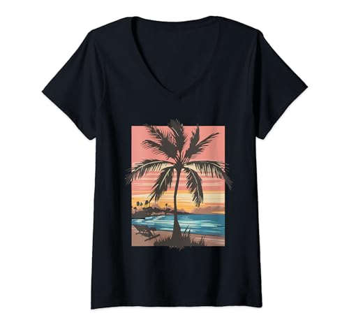 Damen Palmen Sommer Urlaub T-Shirt mit V-Ausschnitt Damen Palmen Sommer Urlaub T-Shirt mit V-Ausschnitt von mix Familien Urlaubsoutfit