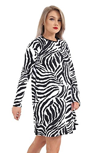 Neue Frauen Damen Zebra Print Neon Langarm Swing Flared Skater Kleid Casual Top (Black & White Zebra, S/M 36-38) von mix_lot