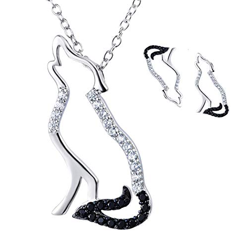 MixiuEuro Damen Wolf Halskette Ohrringe Sets 925 Sterling Silber Schwarz Schwanz Zirkonia Wolf Halskette Set Schmuck Geschenk für Mädchen Frauen von mixiueuro