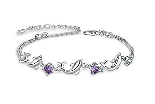 MixiuEuro Damen Mädchen Armbänder, Sterling-Silber 925 CZ Zirkonia Amethyst Delfin Liebe Armbänder Schmuck Geschenk für Mädchen, 17 cm, Cubic Zirkonia, Cubic Zirkonia von MixiuEuro