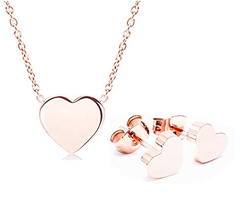 Mixiueuro Herz-Schmuck-Set für Damen und Mädchen, 14 Karat Rotgold vergoldeter Edelstahl, Herz-Anhänger, Halskette und Ohrstecker, minimalistischer Stil, nickelfrei von mixiueuro