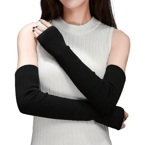 mizikuu Lange Fingerlose Handschuhe, Strick Armstulpen Ärmel Herbst Winter Stretch Pulswärmer mit Daumenloch Armwärmer Winter Thermo Handwärmer Sporthandschuhe für Damen Schwarz von mizikuu