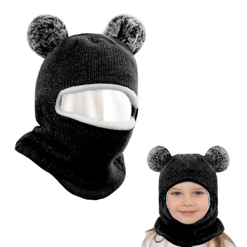 mizikuu schlupfmütze Baby, Strickmütze Bommel Fleecefutter Warm Niedlich Wintermütze & Schal Set Beanie Mütze Weiche Sturmhaube für Jungen Mädchen 2-7 Jahre von mizikuu
