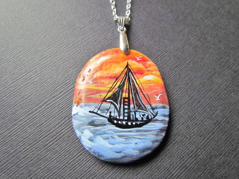 Segelboot - Von Hand Bemalt Edelstein-Schmuck Anweisung Halskette Jaspis Schmuckanhänger von mizzoktober