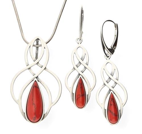 Echtes 925 Silber SCHMUCKSET mit Koralle, rot, ANHÄNGER + Ohrhänger inkl. Silberkette 50 cm von mk-silber