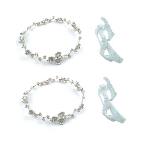 2 Stück Haarschmuck Kommunion Mädchen Strass Blumen Haarreif Damen Weiß Perle Haarreifen Kopfbedeckung für Hochzeit Geburtstags Party (Gold) von mkemka