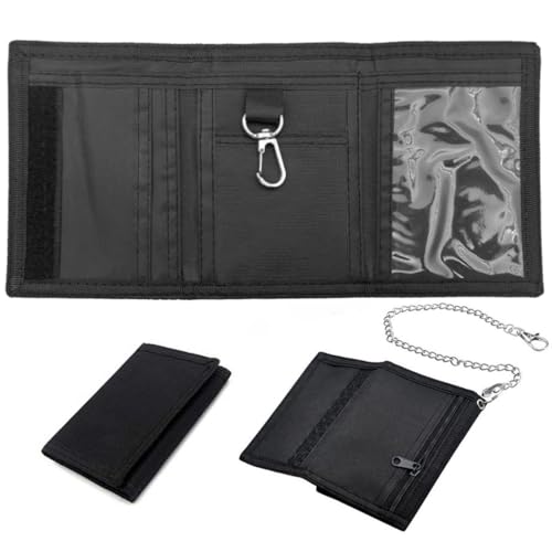 Geldbeutel Kinder Slim Geldbörse Jungen mit Kette Clip Reißverschluss Portmonee Kinder Kindergeldbeutel Faltbare Dreifache Kinderbrieftasche Jungs Wallet Schwarz von mkemka