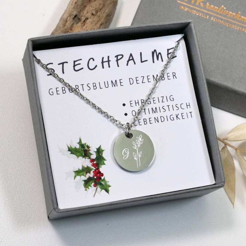 Edelstahlkette, Personalisierbar Mit Rundem Anhänger 15 Mm Geburtsblume, Sternbild, Sternzeichen, Initialen, Geburtsstein von mkkreativschmuck