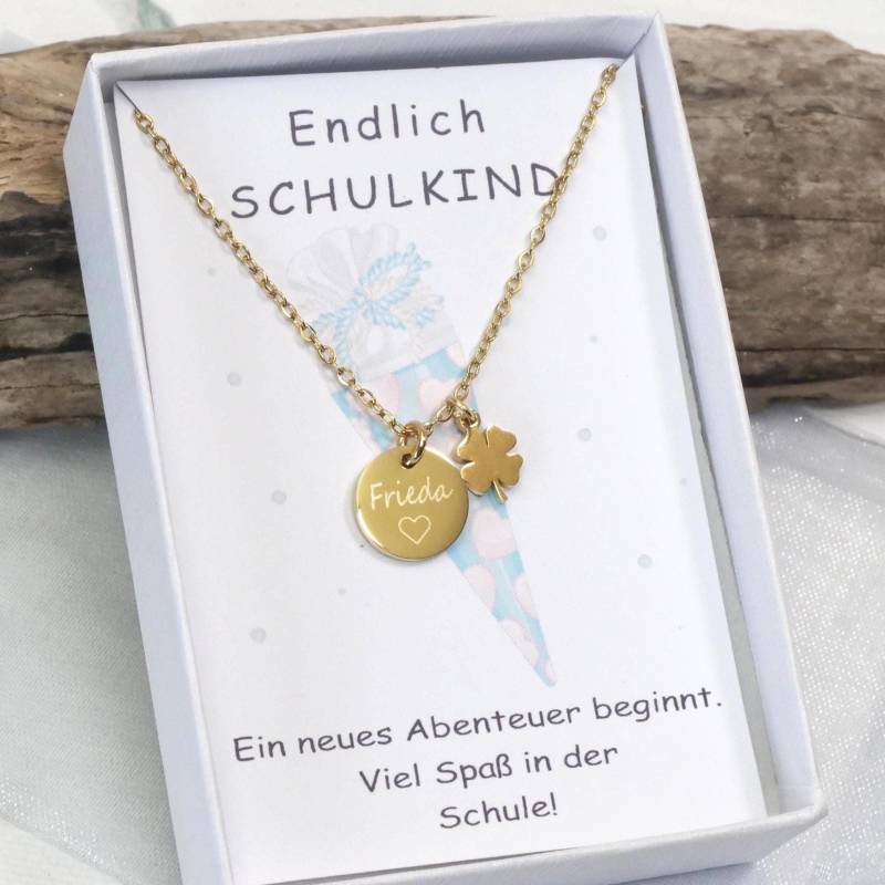 Schulkette Zum Schulanfang - Glücksbringer Einschulungsgeschenk Mit Kleeblatt Personalisiertes Kette Für Kinder Mutmacher Schulkinder von mkkreativschmuck