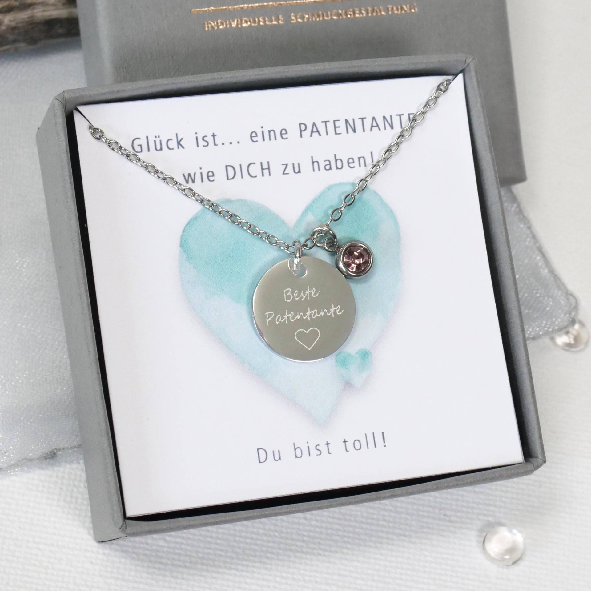 Kette Patentante Personalisierbar Edelstahlkette Mit Geburtsstein Und 15 Mm Plättchen in Silber Oder Gold von mkkreativschmuck