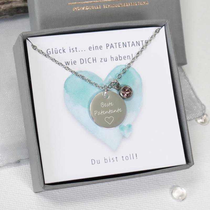 Kette Patentante Personalisierbar Edelstahlkette Mit Geburtsstein Und 15 Mm Plättchen in Silber Oder Gold von mkkreativschmuck