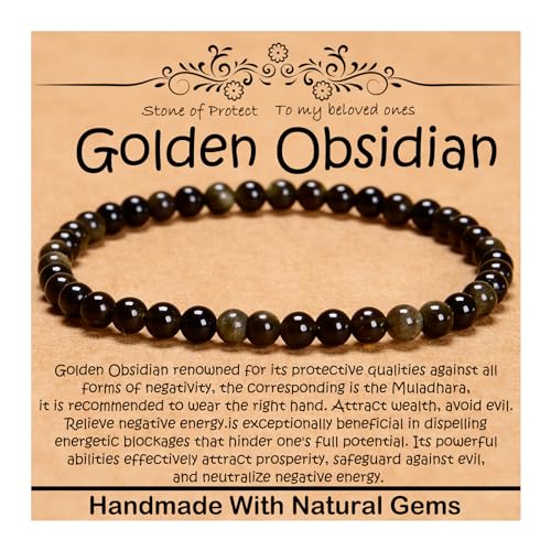 10 mm natürliches Heilstein-Armband, Yoga, Stretch, elastisches Armband, Stressabbau, Kristallschmuck für Damen und Herren (10 mm goldener Obsidian) von mkslksbhnxl