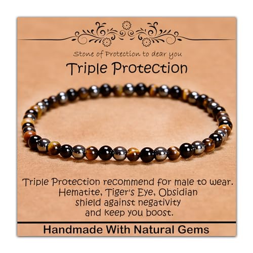 4 mm natürliches Heilstein-Armband, Yoga, Stretch, elastisches Armband, Stressabbau, Kristallschmuck für Männer und Frauen (4 mm, dreifacher Schutz) von mkslksbhnxl