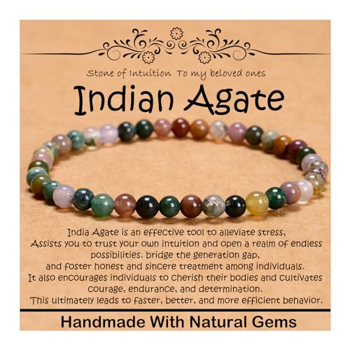 4 mm natürliches Heilstein-Armband, Yoga, Stretch, elastisches Armband, Stressabbau, Kristallschmuck für Männer und Frauen (4 mm, indischer Achat) von mkslksbhnxl