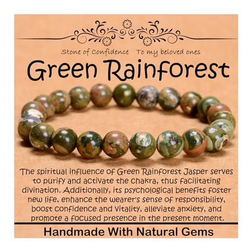 8 mm natürliches Heilstein-Armband, Yoga, Stretch, elastisches Armband, Stressabbau, Kristallschmuck für Männer und Frauen (8 mm, grüner Regenwald-Jaspis) von mkslksbhnxl