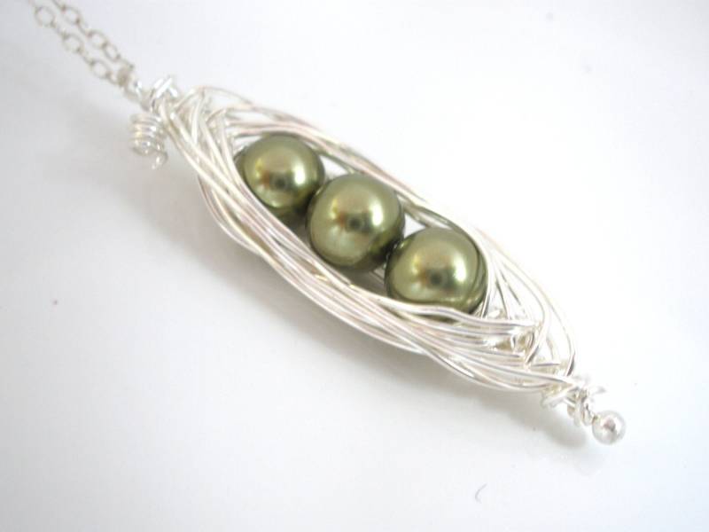 Erbsenschote Halskette, Sterling Silber, Silber Erbsenschote, Erbsen in Einer Schote, Mutter Geschenk, Erbse, Grüne Perle, Wire Wrapped von mlejewelry