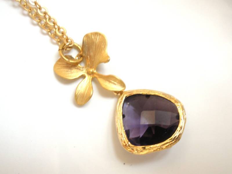 Lila Halskette, Glas Orchidee Blume Kristall Gold Brautjungfer Geschenke, Freund Geschenk Lila Halskette, Glas Orchidee Blume Kristall Gold Brautjungfer Geschenke, Freund Geschenk von mlejewelry