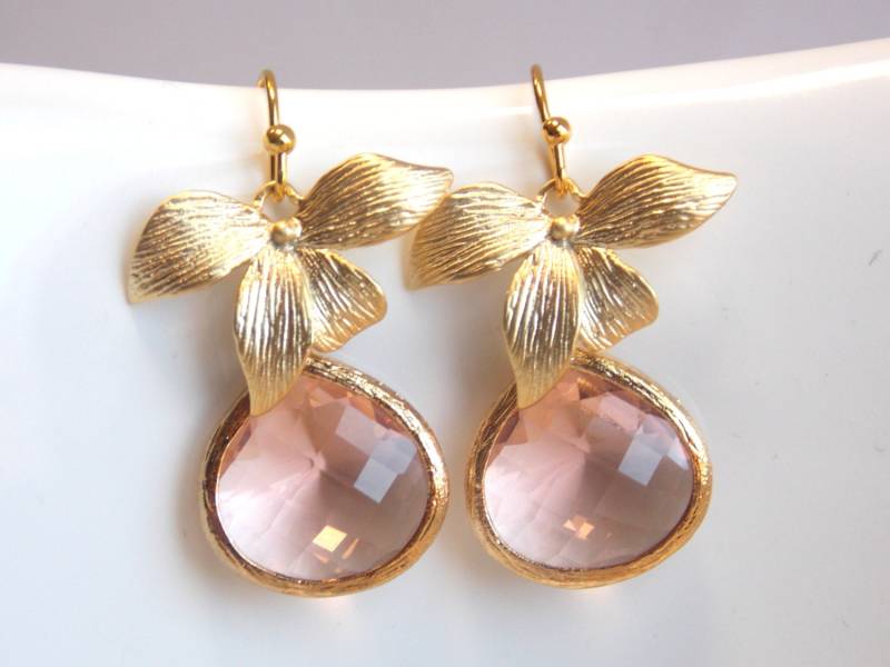 Pfirsich Ohrringe, Glas, Champagner, Kristall Gold Blume, Baumeln, Tropfen, Hochzeitsschmuck, Brautjungfer Geschenke Pfirsich Ohrringe, Glas, Champagner, Kristall Gold Blume, Baumeln, Tropfen, Hochzeitsschmuck, Brautjungfer Geschenke von mlejewelry