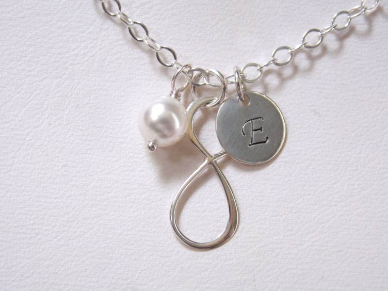 Unendlichkeit Halskette, Erste Sterling Silber, Brautjungfer Geschenke, Schmuck, Infinity-Anhänger, Perle Link, Personalisierte Geschenke von mlejewelry