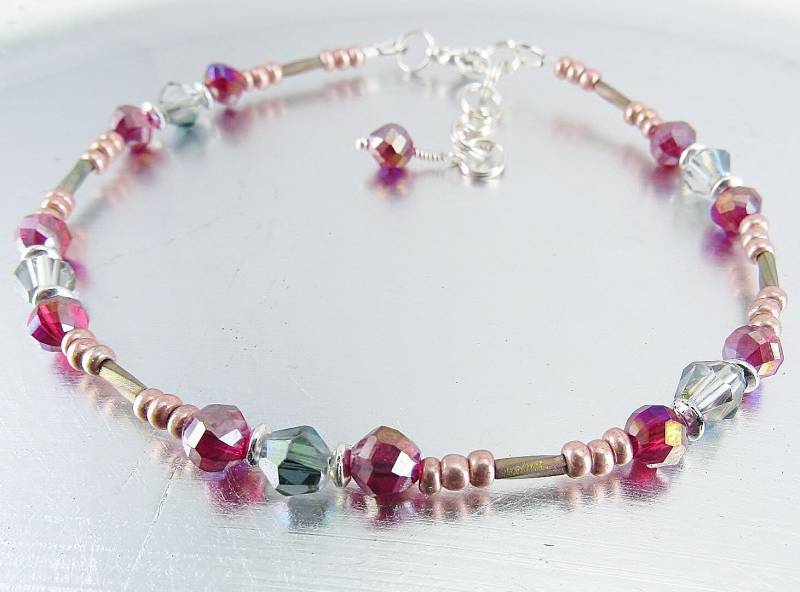 Perlen Knöchel Armband - Fuchsia, Kristall Und Silber Glas Fußkettchen von mmojewelry