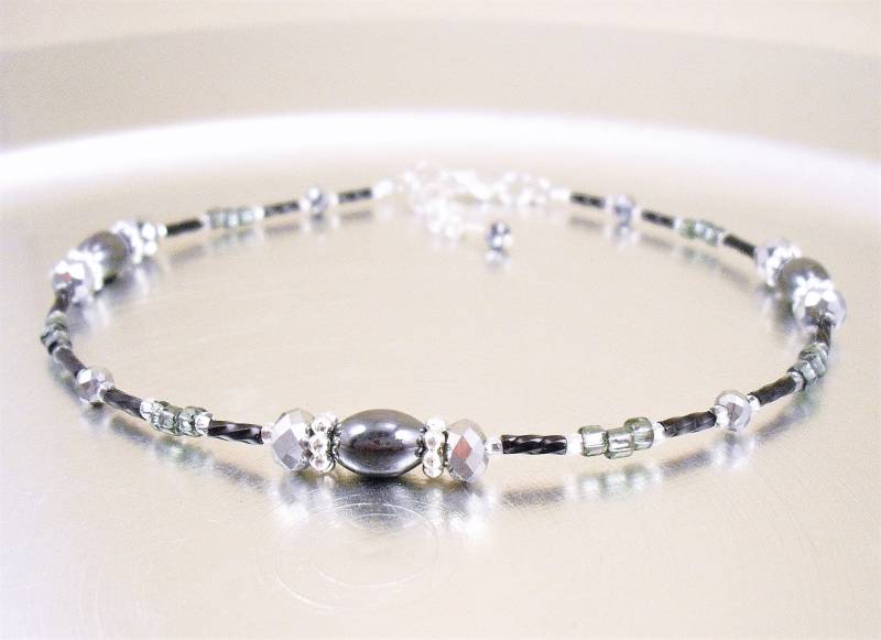 Perlen Knöchel Armband - Hämatit, Schwarz Und Metallic Silber Glas Anklet Perlen Knöchel Armband - Hämatit, Schwarz Und Metallic Silber Glas Anklet von mmojewelry