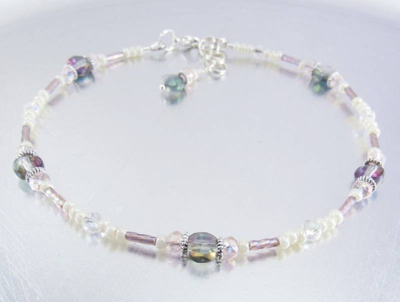 Perlen Knöchel Armband - Regenbogen, Rosa Und Klares Kristallglas Light Cream Perle Fußkettchen von mmojewelry