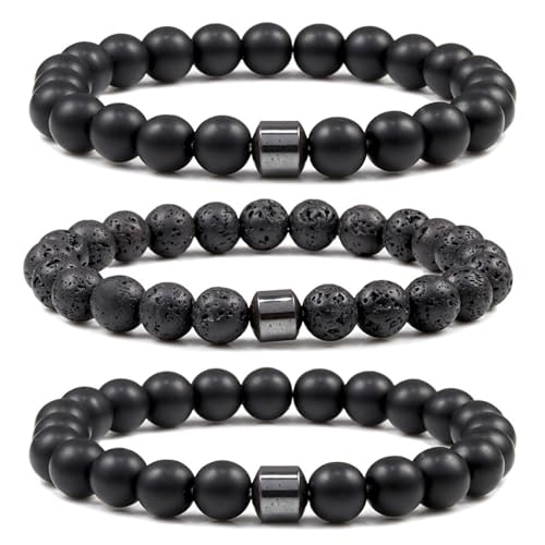mnopx 2025 Neue Herren Damen Armbänder Schutzperlen Kristall Stretch Armband Schwarz Naturstein Armband 3 Stück Geeignet für Muttertag Geburtstagsgeschenk, Einheitsgröße, Achat von mnopx