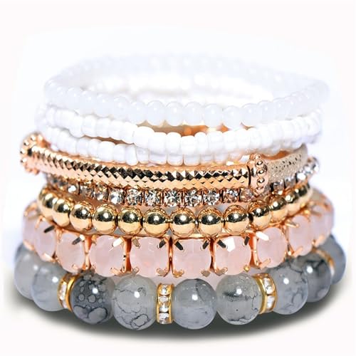 mnopx Set 6 stapelbaren Perlenarmbändern im Bohème-Stil Mehrschichtige verstellbare Armbänder Geschenke for Mama Schwestern.(Style 5) von mnopx