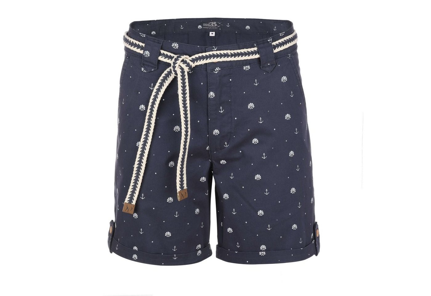 modAS Bermudas Damen Shorts mit Flechtgürtel Maritim - Kurze Hose Muschel-Anker-Print von modAS