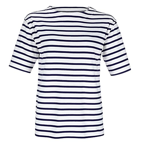 modAS Bretonisches Damen-T-Shirt mit U-Boot Ausschnitt - Ringelshirt Kurzarm Basic Shirt Gestreift aus Baumwolle in Weiß/Blau in Größe 50 von modAS