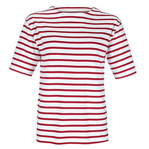 modAS Bretonisches Damen-T-Shirt mit U-Boot Ausschnitt - Ringelshirt Kurzarm Basic Shirt Gestreift aus Baumwolle in Weiß/Rot in Größe 50 von modAS