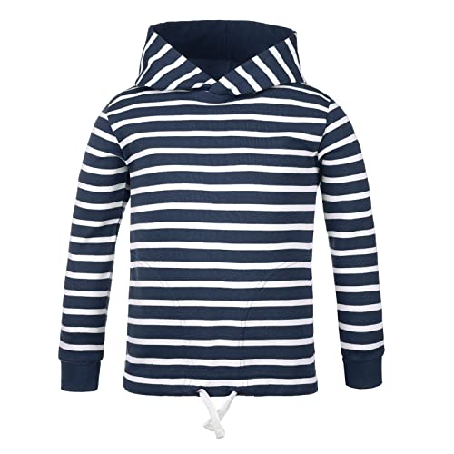 modAS Bretonisches Kinder Kapuzenshirt - Mädchen Jungen Longsleeve Kapuzen-Pullover Langarm Shirt mit Streifen aus Baumwolle in Blau-Melange/Weiß Größe 146-152 von modAS