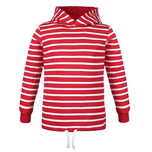 modAS Bretonisches Kinder Kapuzenshirt - Mädchen Jungen Longsleeve Kapuzen-Pullover Langarm Shirt mit Streifen aus Baumwolle in Rot/Weiß Größe 134-140 von modAS