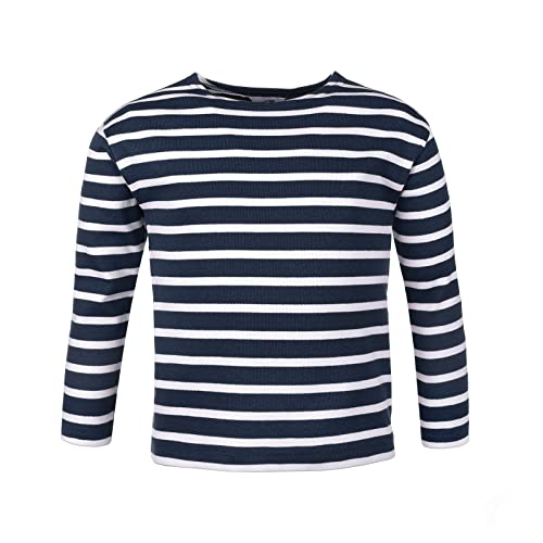 modAS Bretonisches Shirt für Kinder - Longsleeve Pullover Langarm Shirt mit Streifen Mädchen Jungen aus Baumwolle in Blau-Melange-Weiß Größe 128 von modAS