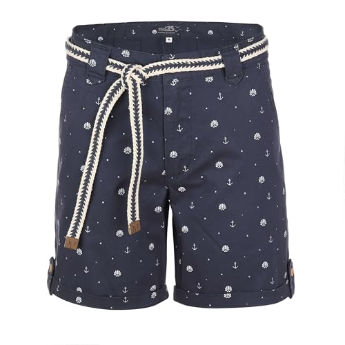 modAS Damen Bermuda Shorts mit Flechtgürtel Maritim - Damenshorts Kurze Hose mit Muschel-Anker-Print in Marine Blau Größe XL von modAS