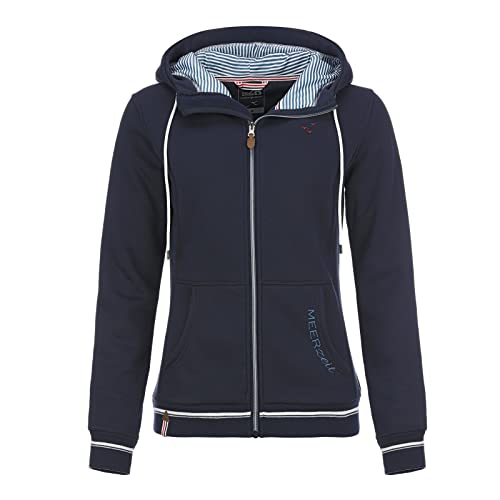 modAS Damen Fleecejacke Meerzeit mit Kapuze und Futter - Kapuzenjacke Strickjacke mit Reißverschluss in Marine Blau Größe 42 von modAS