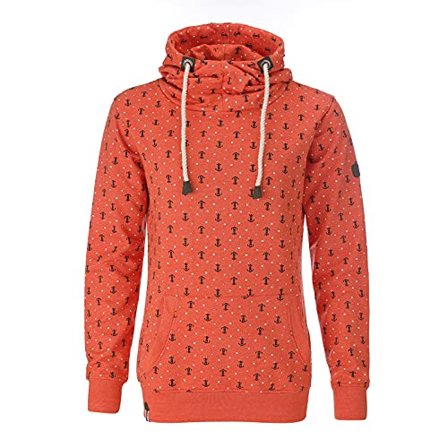 modAS Damen Hoodie Kapuzenpullover mit Anker-Print Maritim - Pullover Damen Pulli mit Kapuze Ankermotiv in Koralle Größe 46 von modAS
