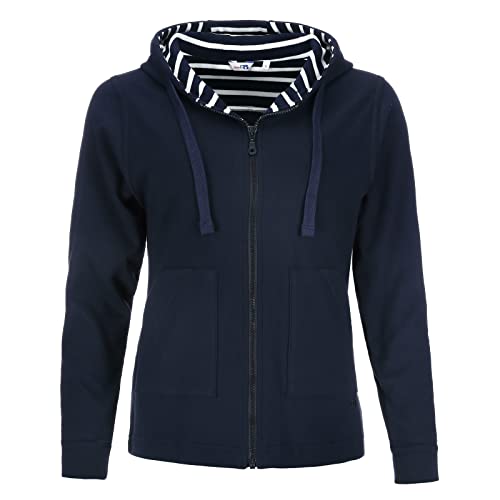modAS Damen Kapuzenjacke Sweatjacke Unifarben - Hoodie Shirtjacke mit Reißverschluss und innen gestreifter Kapuze in Blau Größe 36 von modAS