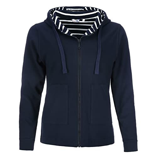 modAS Damen Kapuzenjacke Sweatjacke Unifarben - Hoodie Shirtjacke mit Reißverschluss und innen gestreifter Kapuze in Blau Größe 38 von modAS