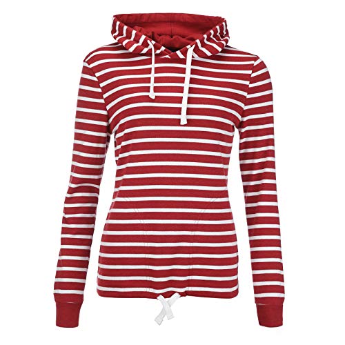 modAS Damen Kapuzenshirt Langarmshirt gestreift - Kapuzenpullover Streifenshirt Ringelshirt mit Kapuze aus Baumwolle in Rot/Weiß Größe 38 von modAS