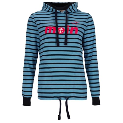 modAS Damen Kapuzenshirt mit Moin-Print und Streifen - Gestreiftes Shirt mit Kapuze in Azur-Blau Größe 48 von modAS