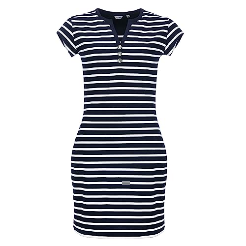 modAS Damen Kleid Kurzarm mit Streifen - Bretonisches Streifenkleid mit dekorativer Knopfleiste in Blau-Weiß Größe 38 von modAS